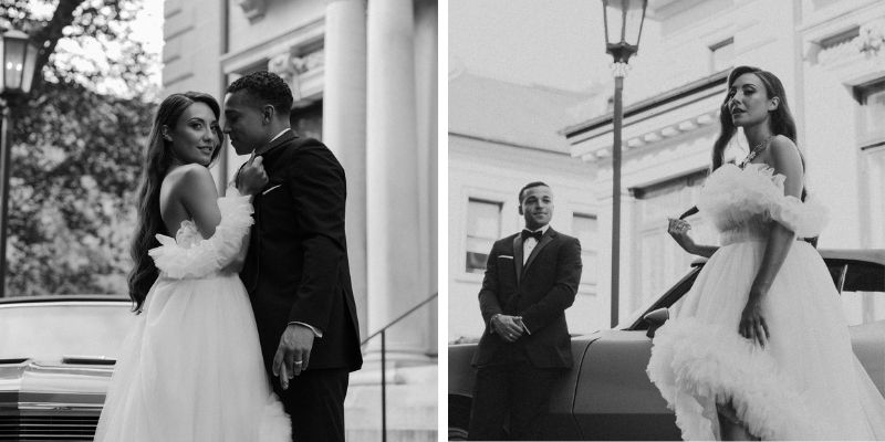 A couple wearing formalwear posing dramatically for pictures