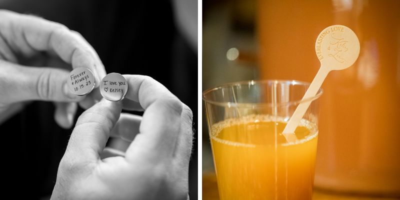 A detail shot of a newlywed couple's cufflinks and drink accessories featuring sweet comments