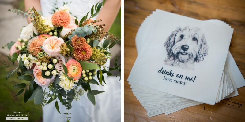 Two detail pictures showing a floral arrangement with whites and reds and coasters that show a beloved dogs face on them.