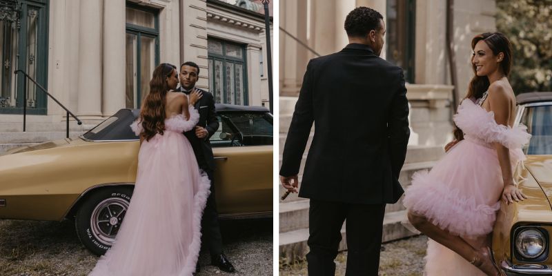 A couple wearing formalwear staring at each other intently