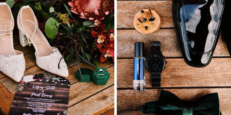 A detail shot of the bride and groom's shoes as well as perfume and other accessories