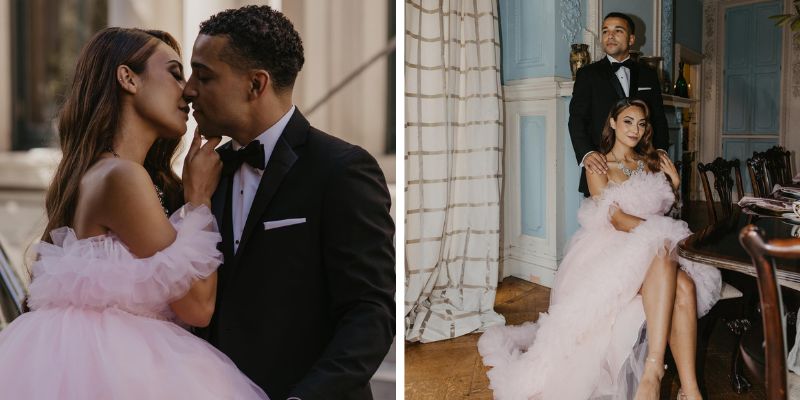 A couple wearing formalwear kissing while also posing