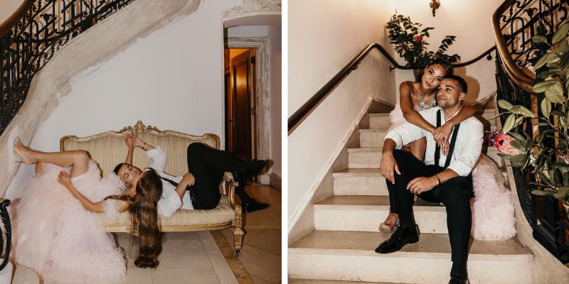 A couple wearing formalwear posing on a staircase and on a sofa