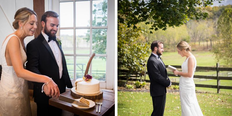 A photo featuring a newlywed couple cutting their cake and reciting their vows