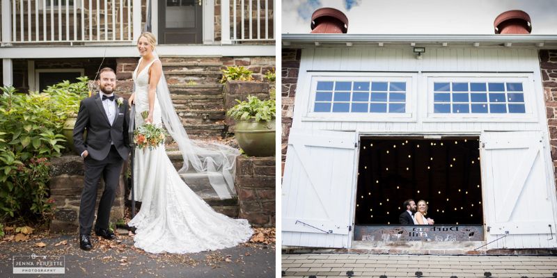 A newlywed couple posing in front of a house and inside a barn door