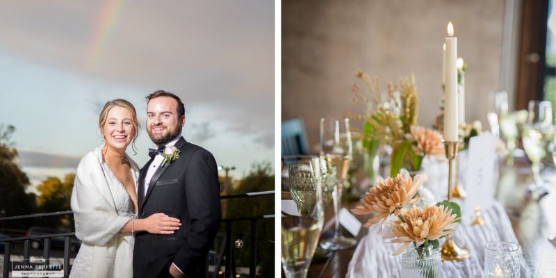 a newlywed couple posing in front of a rainbow. There is also a photo of a decorative floral and candle piece