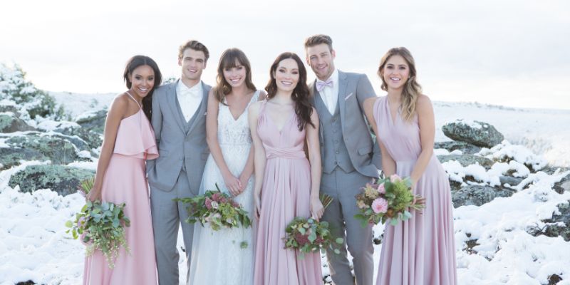 A group of people wearing grey, pink, and white formalwear smiling in a snowy landscape