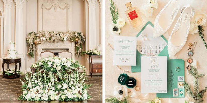 a graphic showing wedding details of invitations and decor