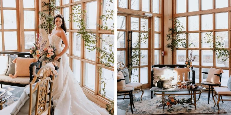 Shots of a bride standing in front of florals and a paned window
