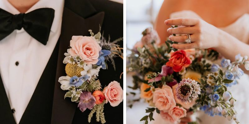 Detail shots of a bride and groom's florals, showcasing the pinks reds and blues the wedding is themed around
