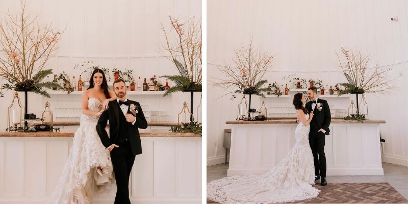 Shots of a couple wearing formalwear posing in front of a white and wood table