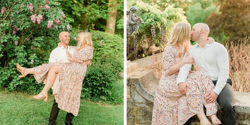 A graphic showing two pictures of newlywed couple smiling