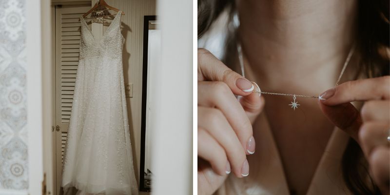 A detail shot of a wedding dress and a bride's necklace