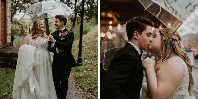 A detail shot of a bride and groom kissing