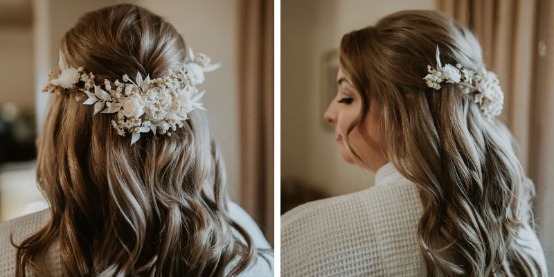 A detail shot of a brides hair and floral accessories