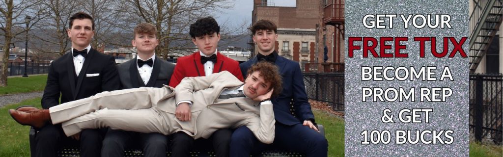 Five young men in tuxedos pose outdoors; four are seated on a bench while one in a light suit lies across their laps. Text on the right reads: Get your free tux. Become a prom rep & get 100 bucks.