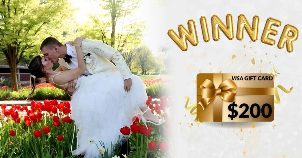 A bride and groom kiss in a garden of red tulips on a sunny day. On the right, gold text reads WINNER above a $200 Visa gift card with a gold bow.