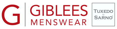 Logo for Giblees Menswear. Large red G on the left, “Giblees Menswear” in red text in the center, and a box on the right with “Tuxedo by Sarno” in gray text.