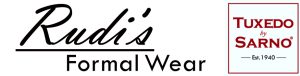 Logo for Rudis Formal Wear in black script font, with a red and white box on the right displaying Tuxedo by Sarno, Est. 1940.