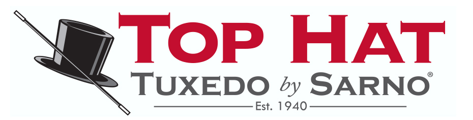 Logo for Top Hat Tuxedo by Sarno featuring a black top hat and cane, with Top Hat in large red letters above Tuxedo by Sarno in gray text and Est. 1940 below.