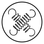 A black circular symbol with two intersecting, coiled spring shapes inside, each spring ending in a spiral. The design is symmetrical and appears abstract on a white background.