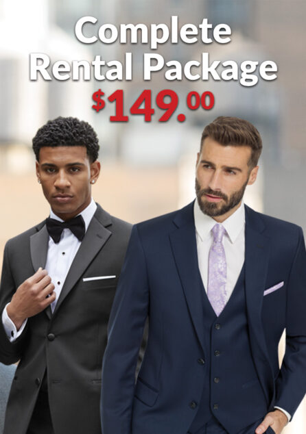 Two men in suits, one in a black tuxedo with a bow tie and the other in a navy suit with a vest and tie, stand under the text “Complete Rental Package $149.00.”.