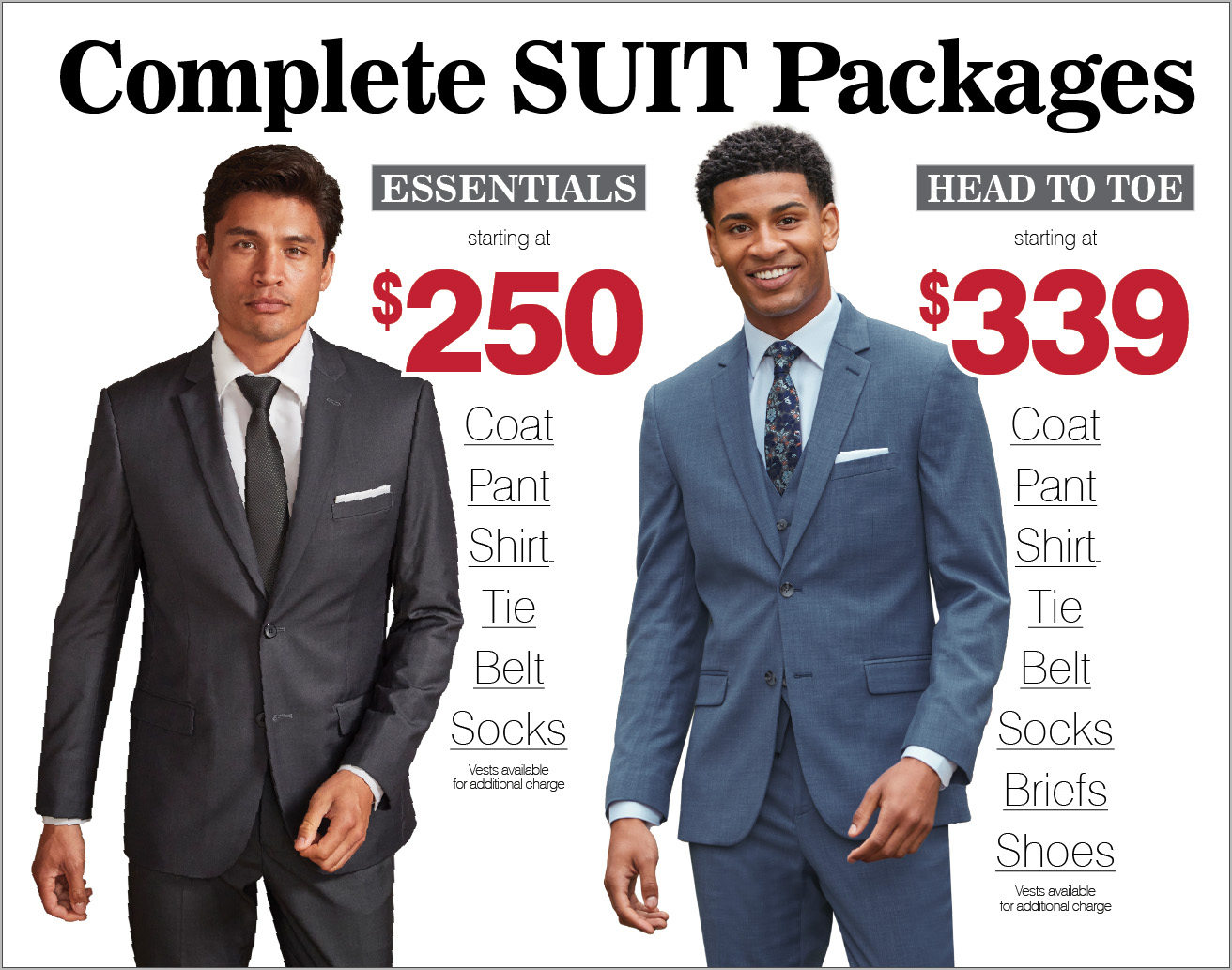Two men wear suits with text promoting Complete SUIT Packages. Essentials package starts at $250 and Head to Toe at $339, listing included items such as coat, pant, shirt, tie, belt, socks, briefs, and shoes.
