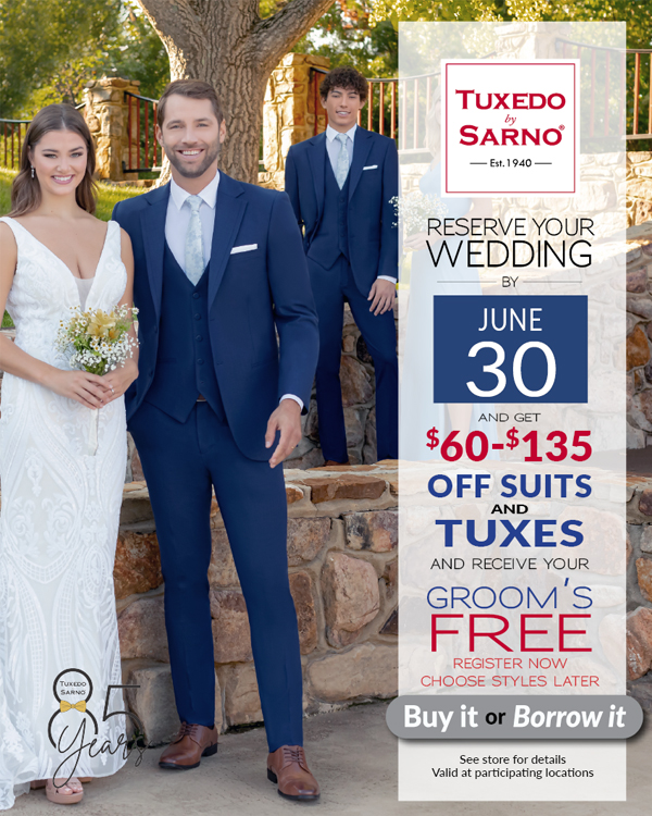 A bride in a white dress and groom in a Cobalt Blue tuxedo pose together outdoors. Text promotes a tuxedo rental deal with savings and a free grooms tux offer for weddings reserved by June 30.