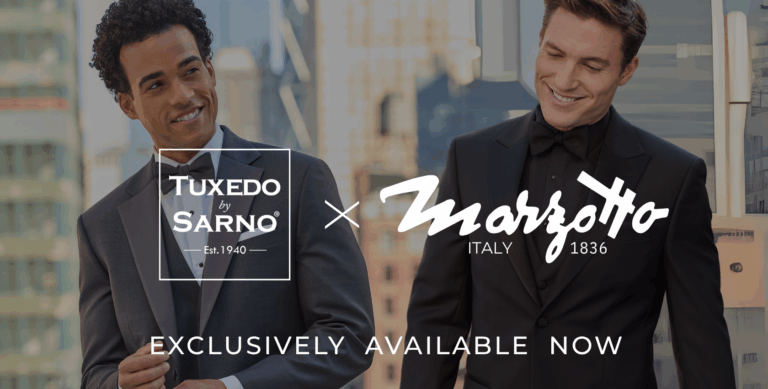 Two men in elegant tuxedos smile outdoors in a city setting. The image features the logos “Tuxedo by Sarno” and “Marzotto Italy 1836” with the text “Exclusively Available Now.”. Inside the Tuxedo by Sarno x Marzotto Collection