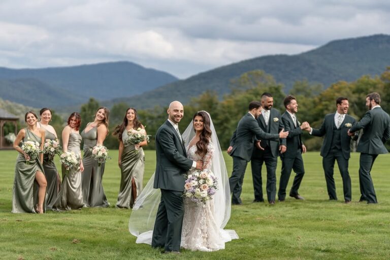 A bride and groom stand smiling on grass with mountains in the background, surrounded by their wedding party dressed in matching green gowns and suits, holding bouquets and laughing together. The Ultimate Guide to Renting a Wedding Tuxedo