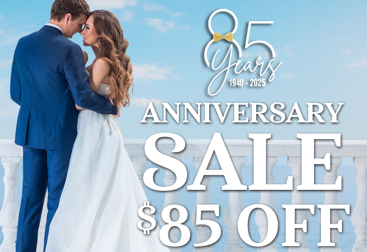 a man and woman in wedding attire hugging with text of 85th anniversary sale - $85 OFF Tuxedo Rentals