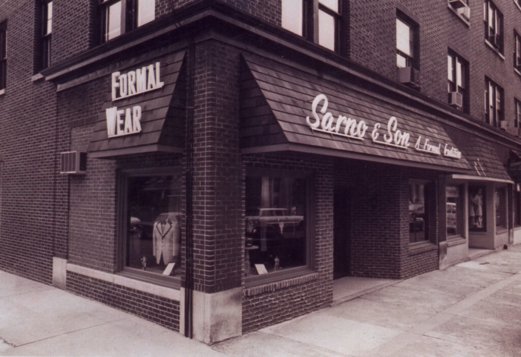 original sarno and son store. tuxedo by sarno storefront vintage photograph