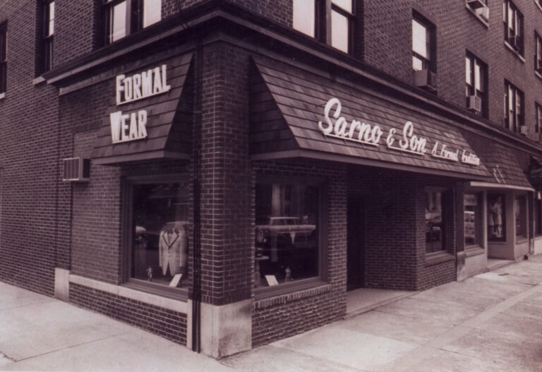 original sarno and son store. tuxedo by sarno storefront vintage photograph