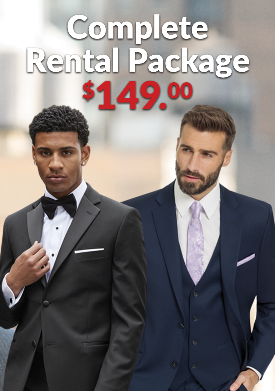 Two men in suits, one in a black tuxedo with a bow tie and the other in a navy suit with a vest and tie, stand under the text “Complete Rental Package $149.00.”.