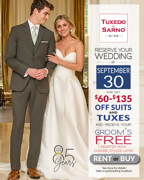 A bride in a white dress and groom in a Cobalt Blue tuxedo pose together outdoors. Text promotes a tuxedo rental deal with savings and a free grooms tux offer for weddings reserved by September 30.