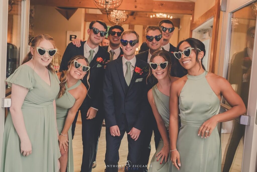 bridesmaids and groomsmen in coordinating colors for a wedding