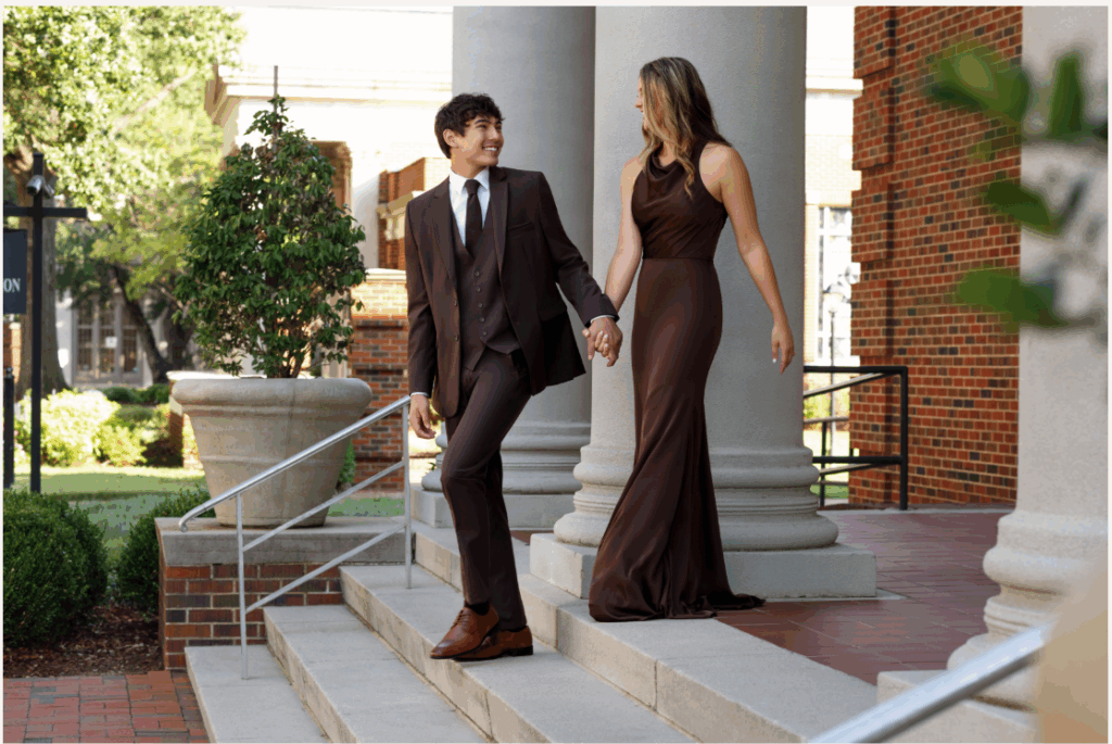 couple dressed in brown forecasting the future of formalwear