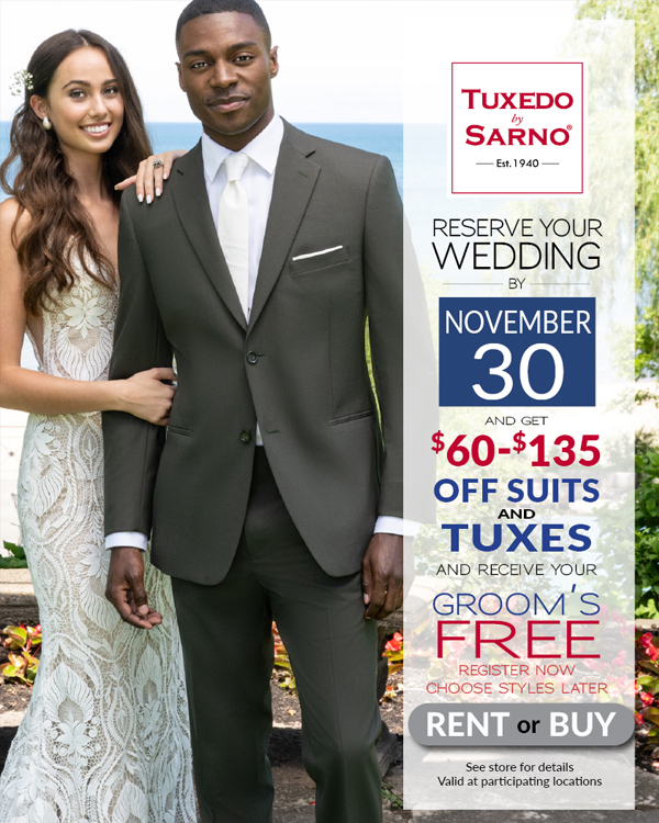 Wedding tuxedo promotion for grooms.