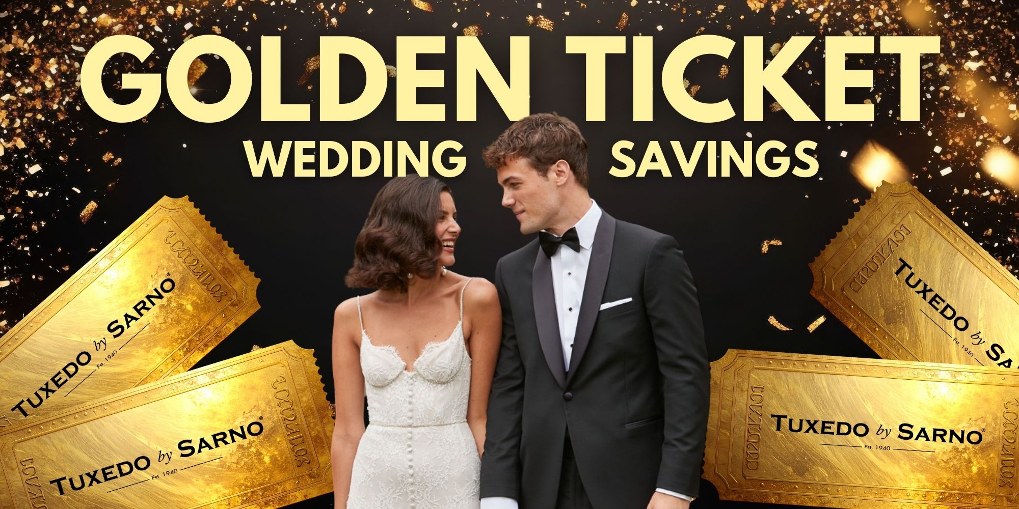 Couple promoting wedding savings offer.