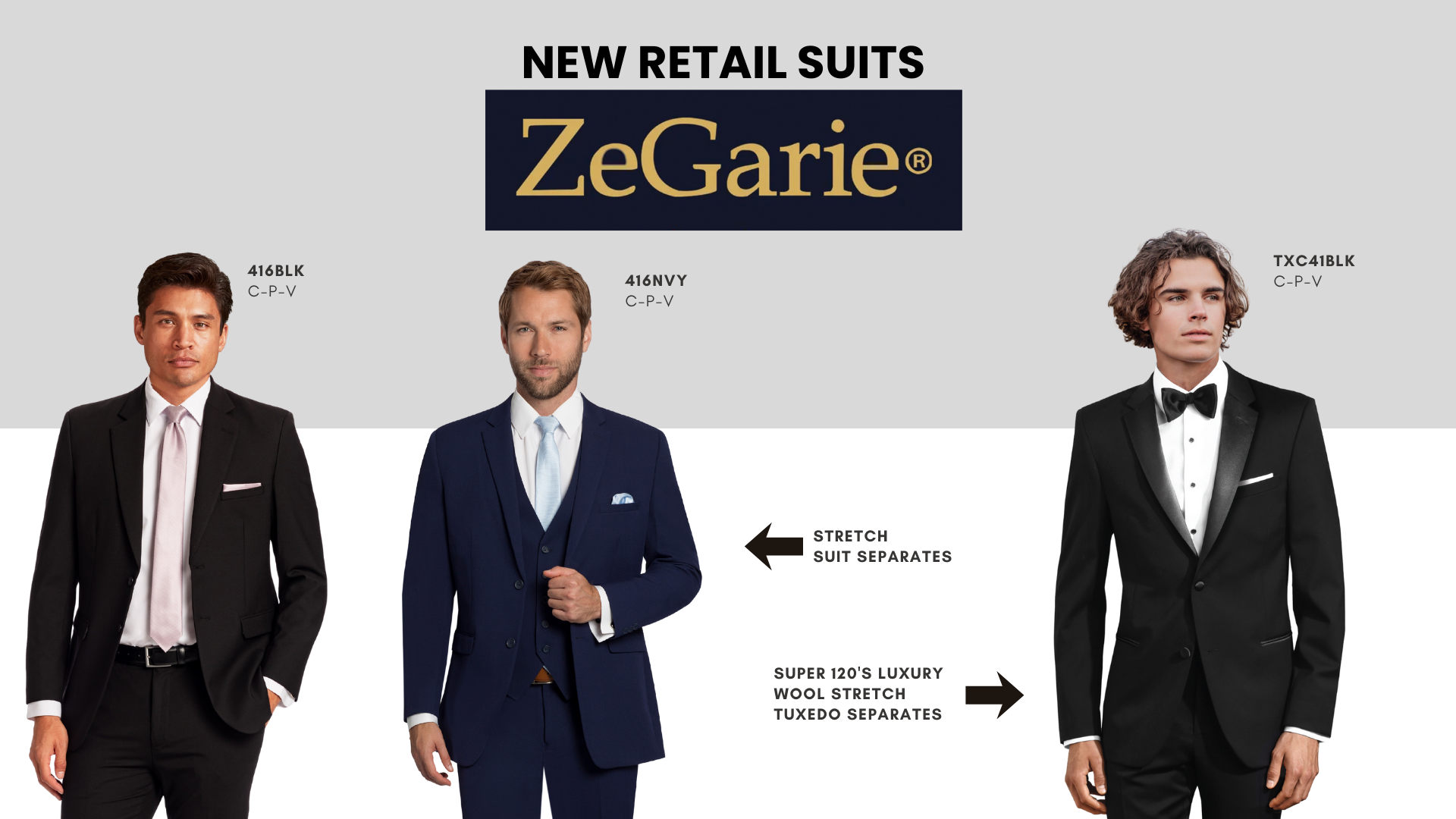 new retail suits from zegarie in black and blue and also a new retail tuxedo