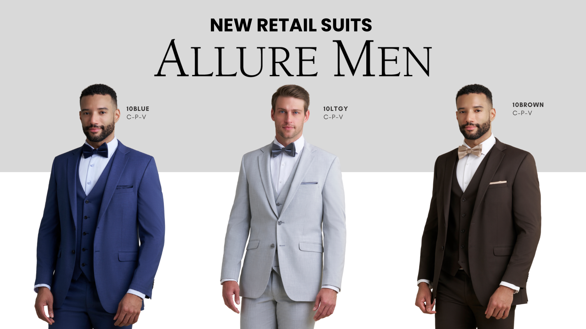 showing all new suits available for purchase from allure men in blue, grey and brown