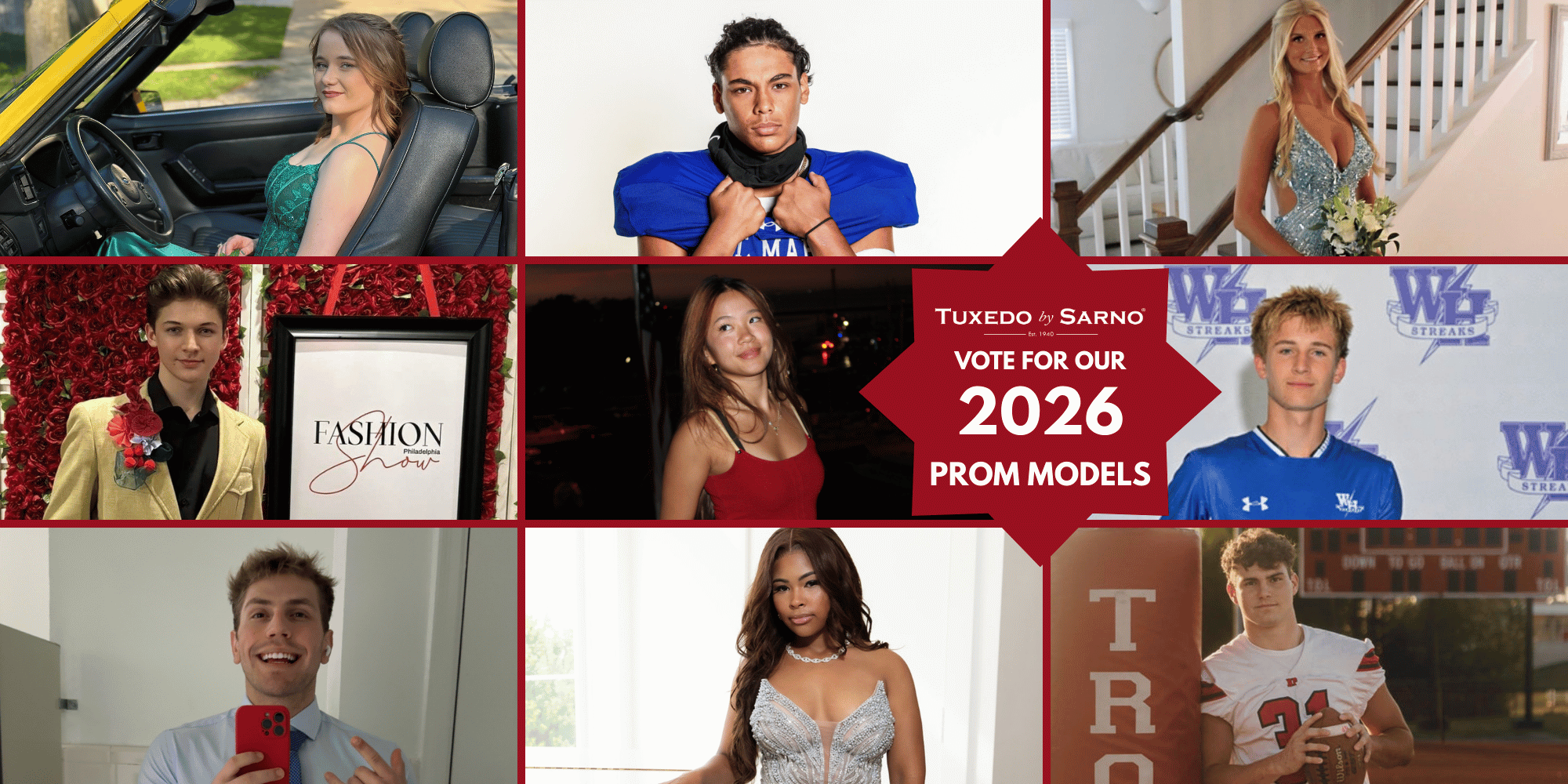 Prom models collage with various outfits.