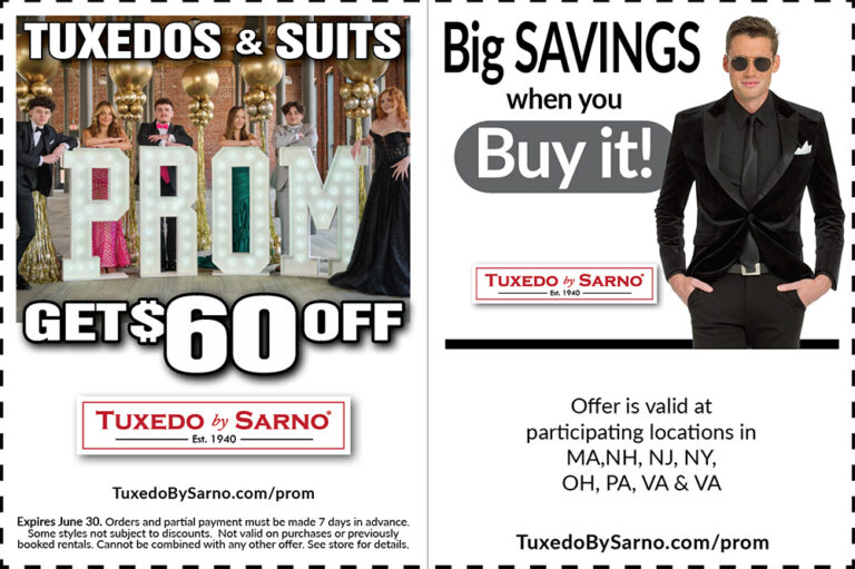 A coupon advertisement shows teens in prom attire, Get $60 Off PROM Tuxedos & Suits in bold text, and details for Tuxedo by Sarno. Offer valid in select states, with a stylishly dressed man on the right.