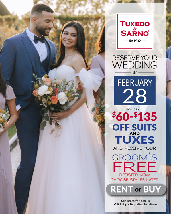 Wedding promotion for tuxedos and suits.