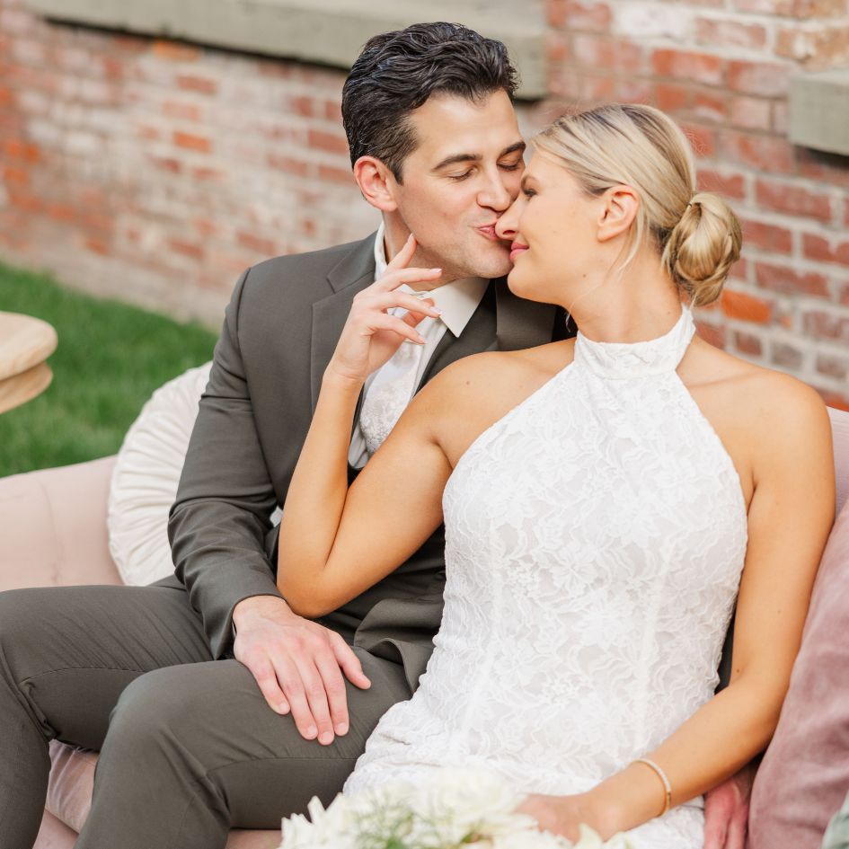 bride and groom olive green suit