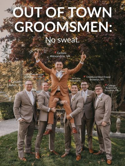 5 groomsmen holding the Groom in the air with text above them that reads: OUT OF TOWN GROOMSMEN: No Sweat
